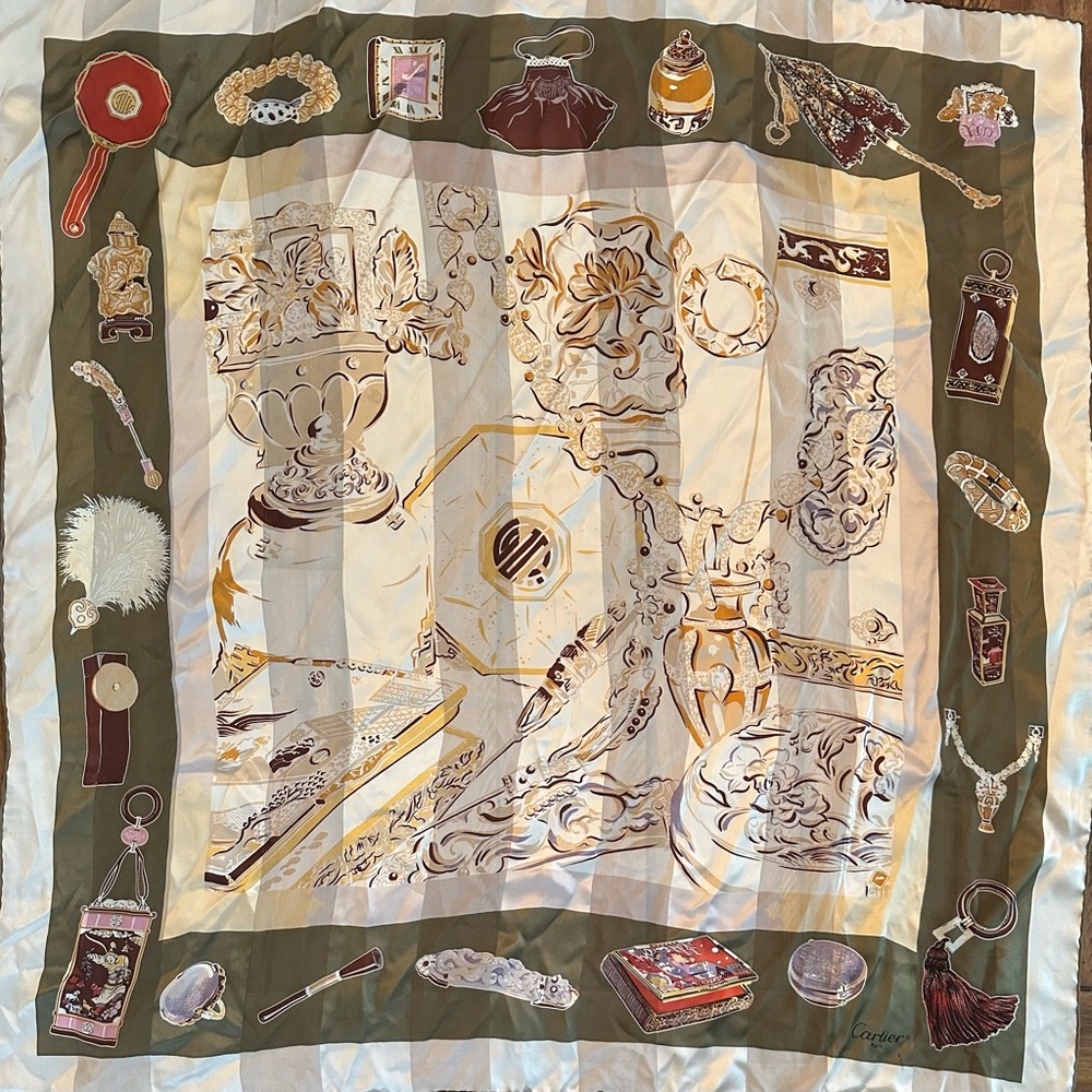 Cartier Silk Scarf with Vintage Vanity Print in Cream & Olive